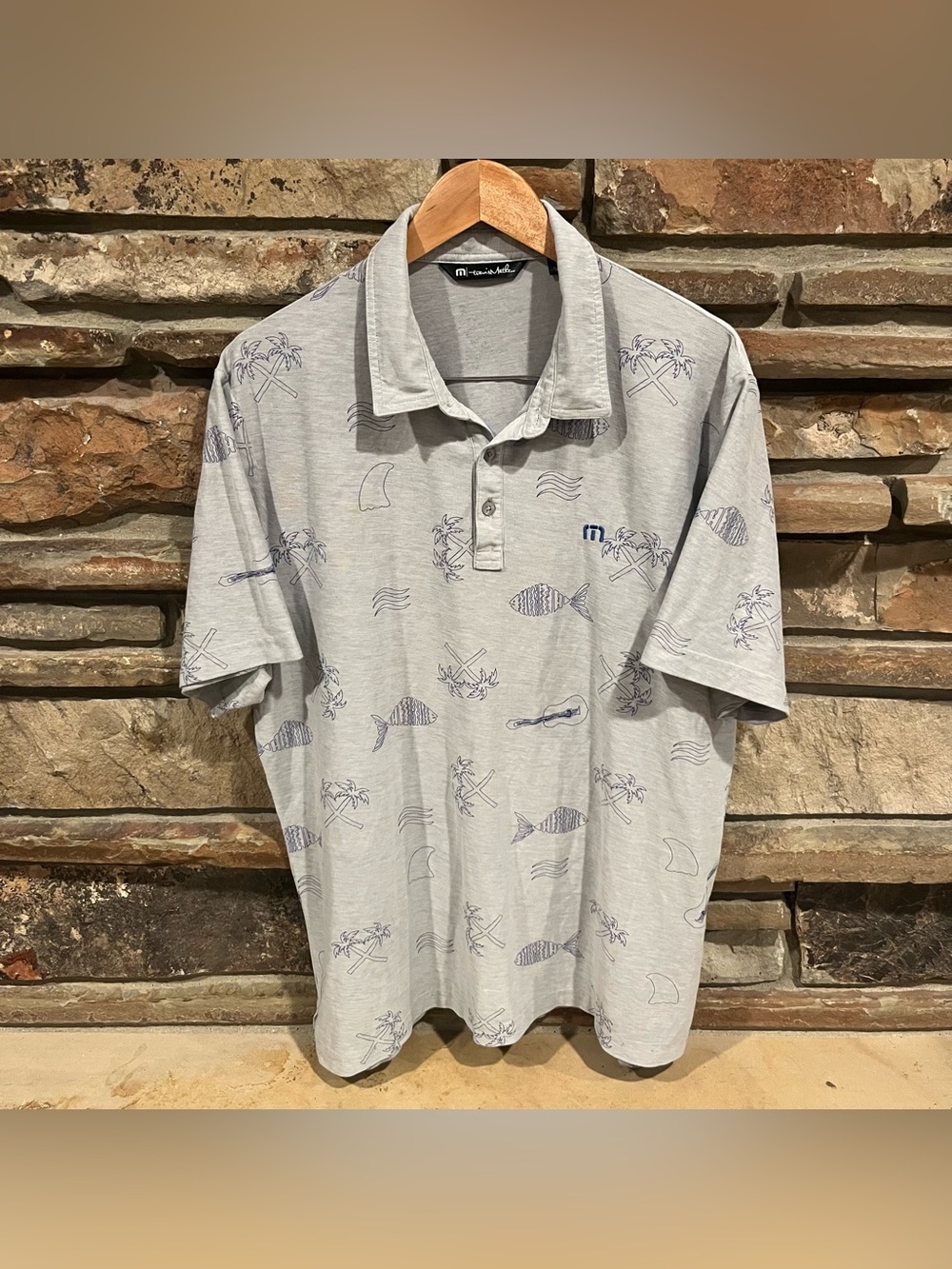 Travis Mathew Pima Cotton Grey Ocean Print Golf Polo